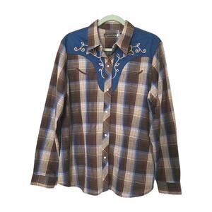 Roper Embroidered Plaid Western Shirt Mens XL Pearl Snap Rodeo Blue Brown Lurex